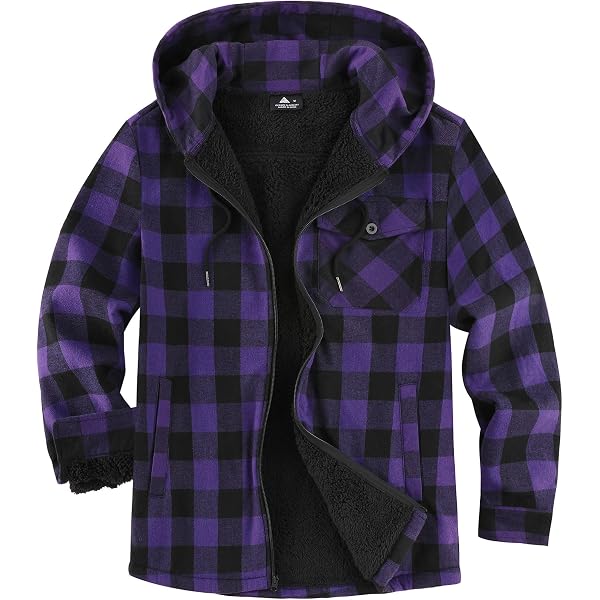 Lisskolo Men's Sherpa Flannel Jacket with Hood Plaid Zip Up Fleece